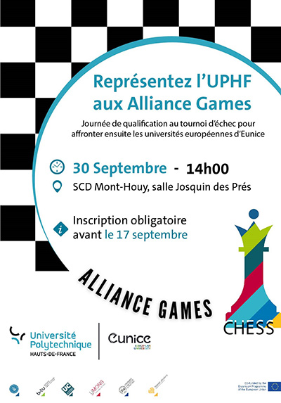 Représentez l’UPHF aux Alliance Games ! > EUNICE : participez aux pré-qualifications pour le tour d’échec et de FIFA ! Inscrivez-vous dès maintenant !